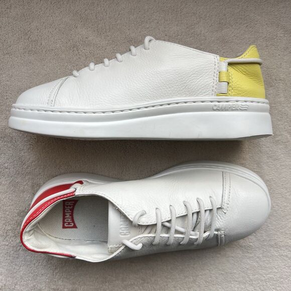 Camper Running Twins White Leather Sneakers Women EU 36 US 6 Red Yellow Heel - Picture 12 of 16